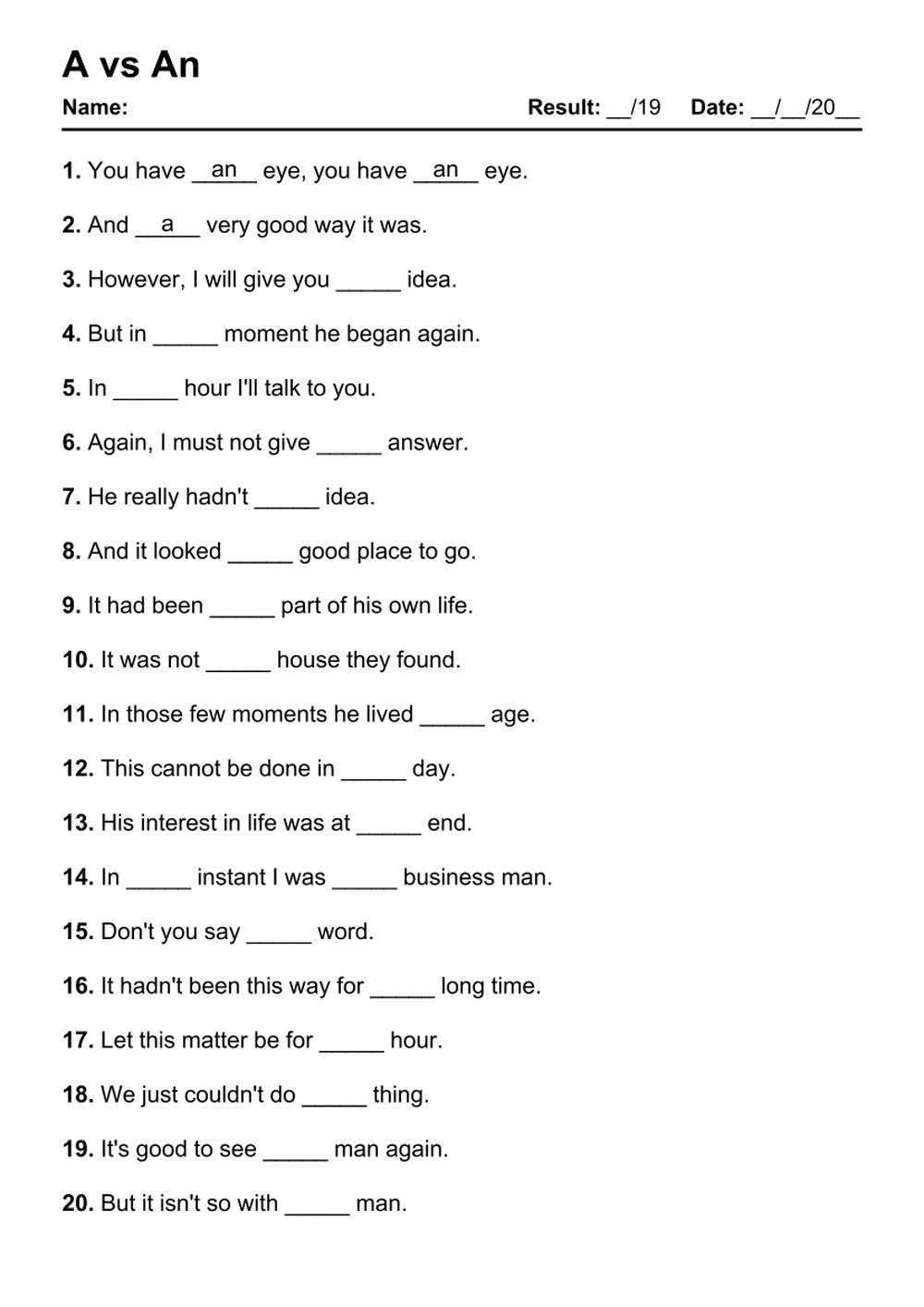 101 Printable A Vs An PDF Worksheets With Answers Grammarism 