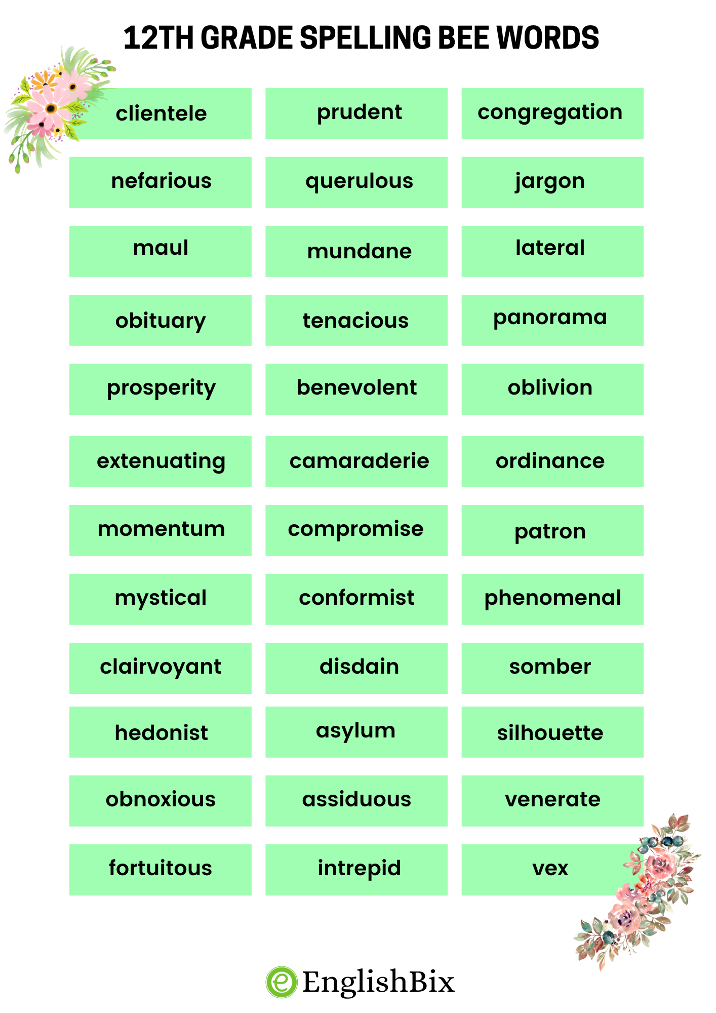 12th Grade Spelling Bee Vocabulary Words EnglishBix