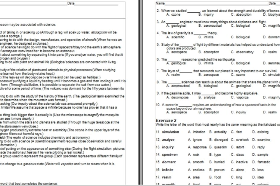 150 Vocabulary Word Definition Lists And Worksheets For Middle High