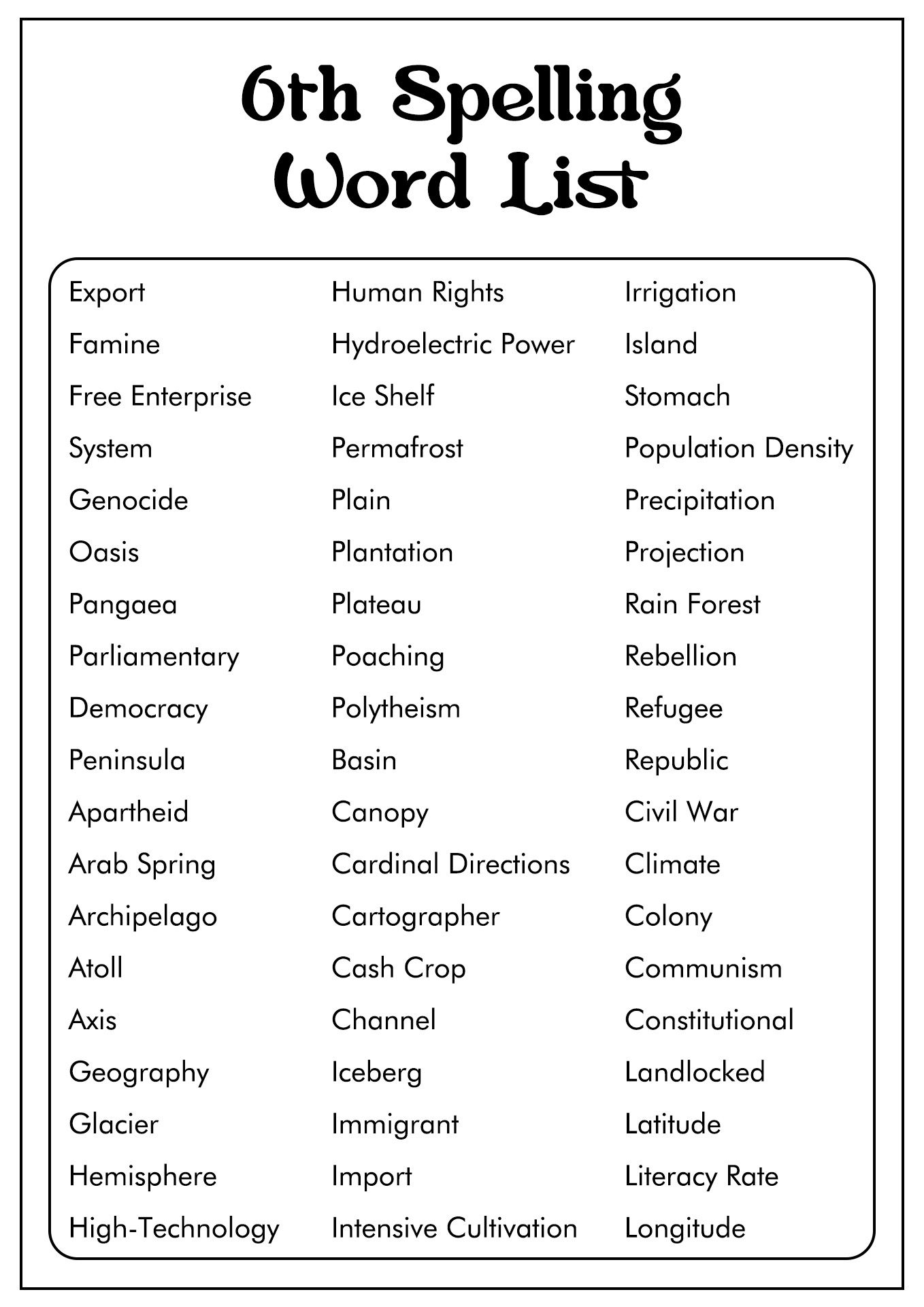 6th grade spelling words list