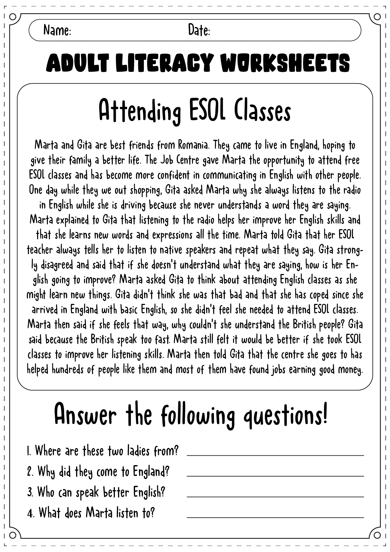 free adult reading comprehension worksheets