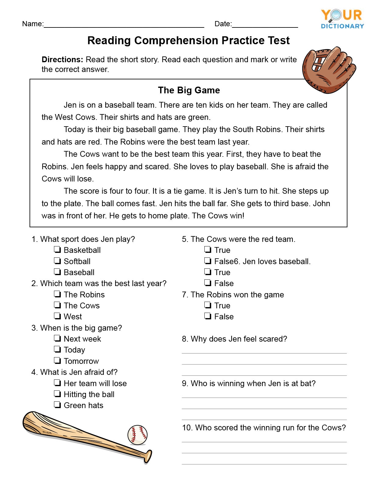 1st Grade Reading Comprehension Tests Worksheets