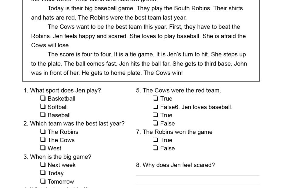 1st Grade Reading Comprehension Tests Worksheets