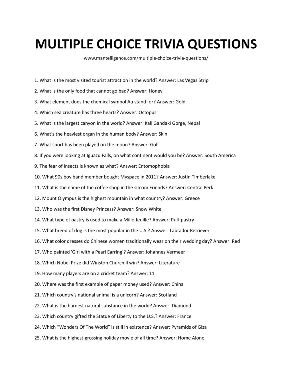 20 Multiple Choice Trivia Questions Answers Fun Quiz Fun 