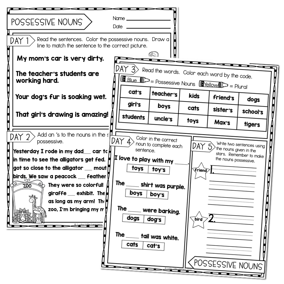 2nd Grade Grammar Worksheets Possessive Nouns Lucky Little 