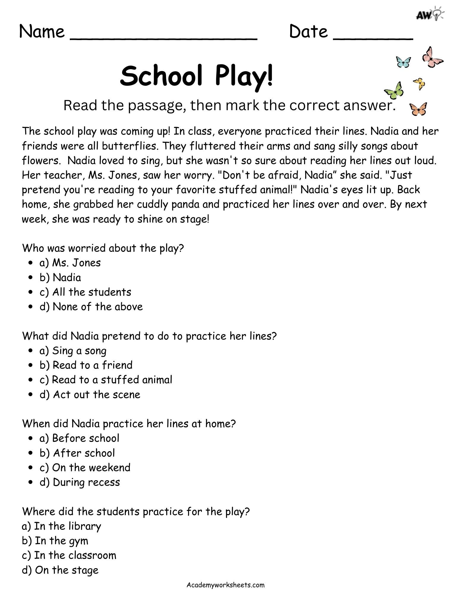 2nd Grading Reading Comprehension Academy Worksheets