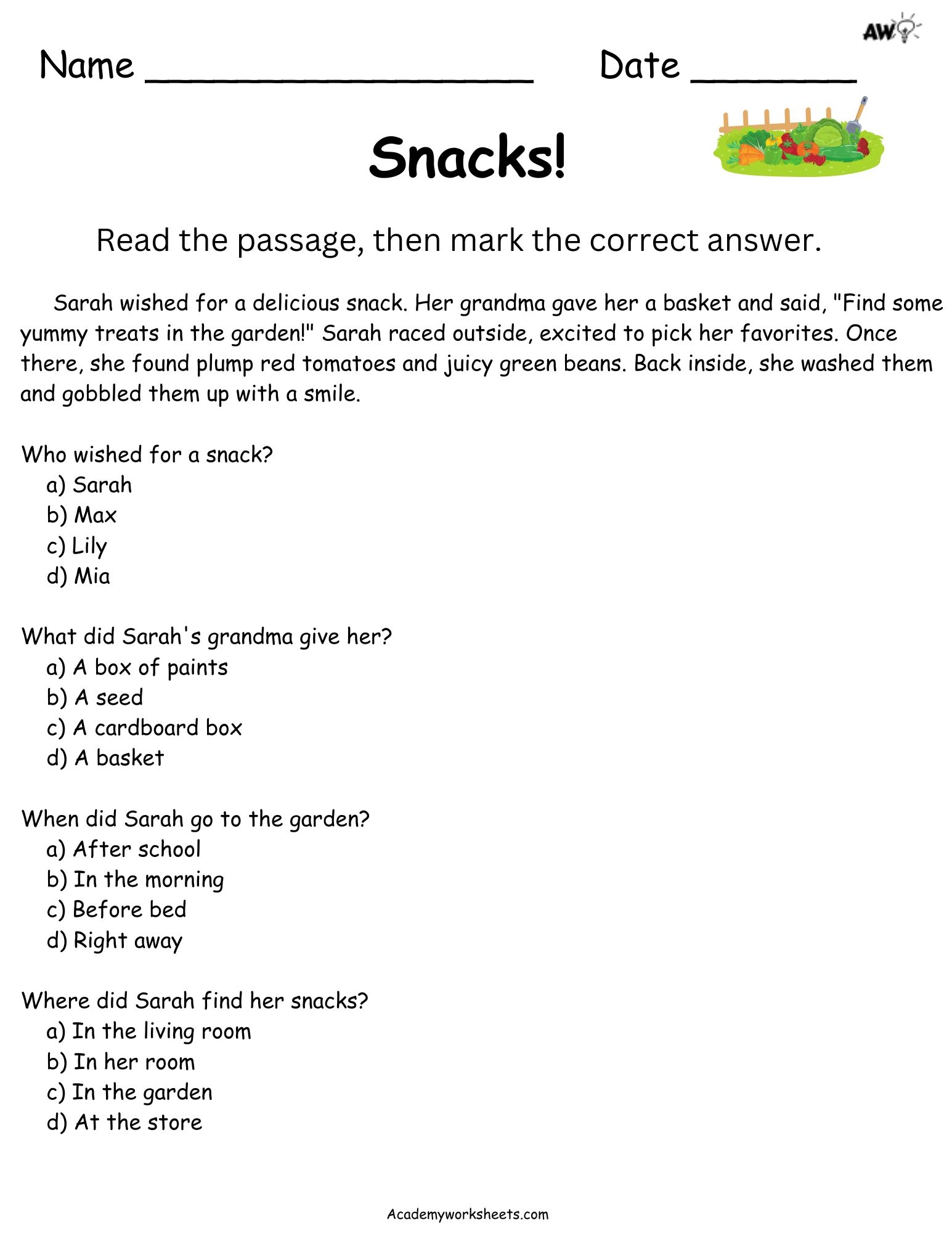 2nd Grading Reading Comprehension Academy Worksheets