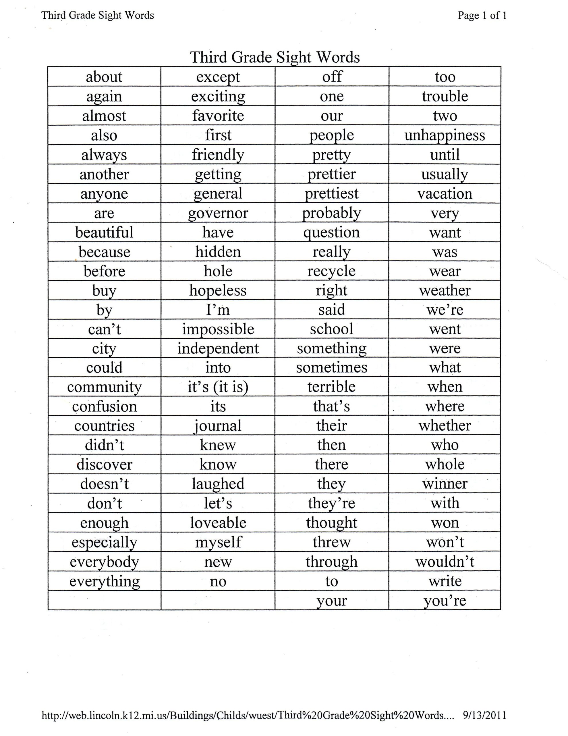3rd Grade Level Vocabulary Words