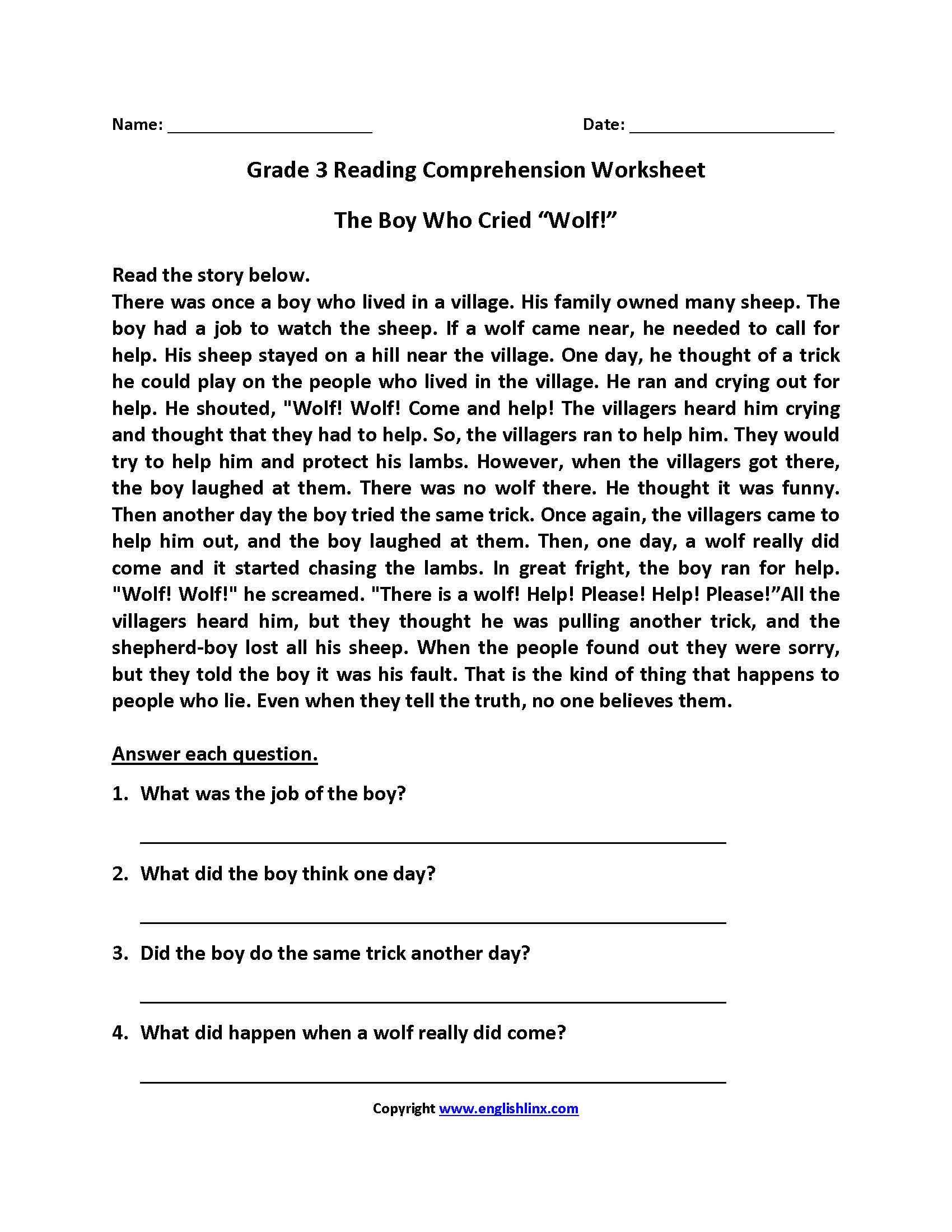 3Rd Grade Reading Comprehension Worksheets Db excel