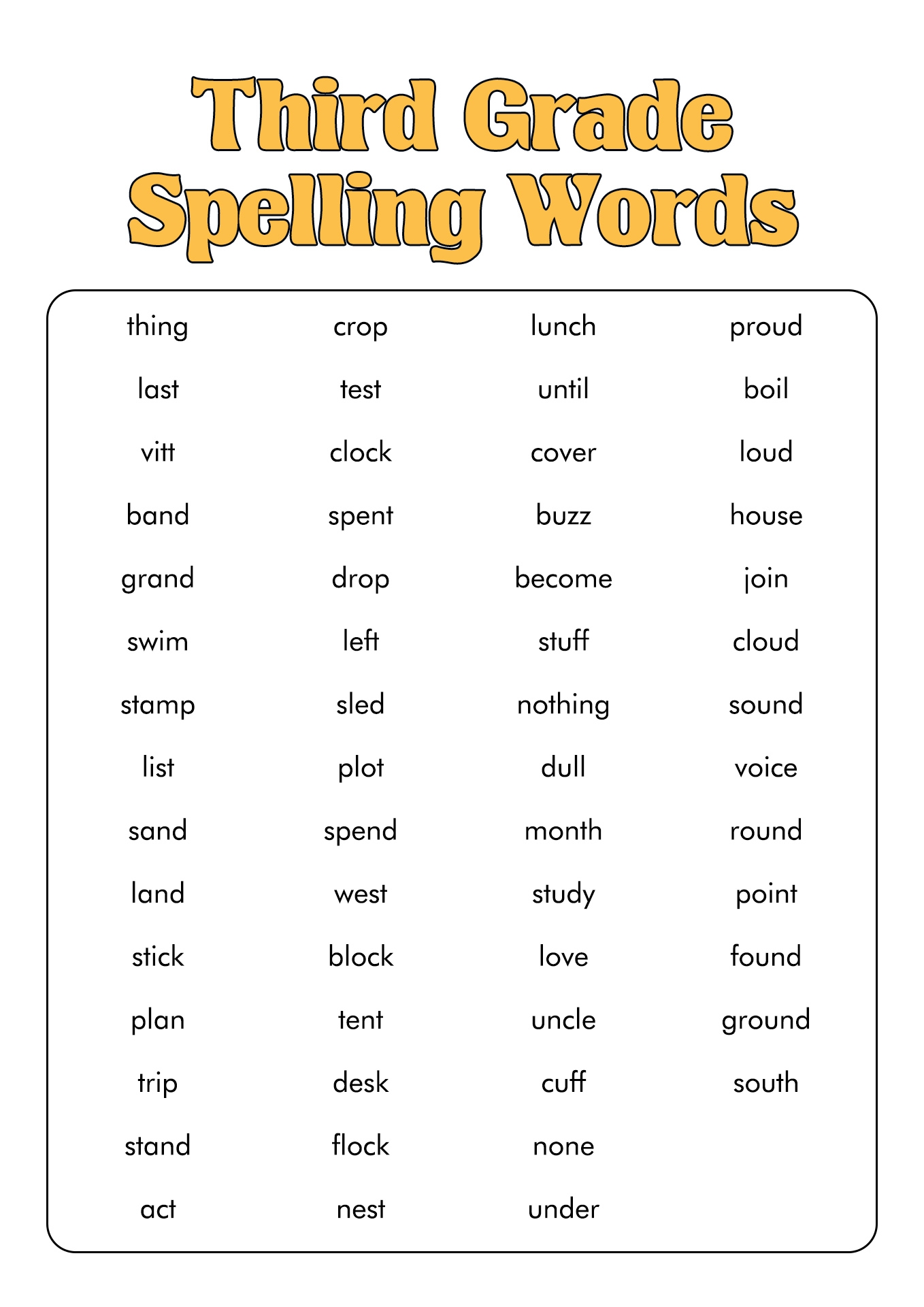 3rd Grade Spelling Words List Printable