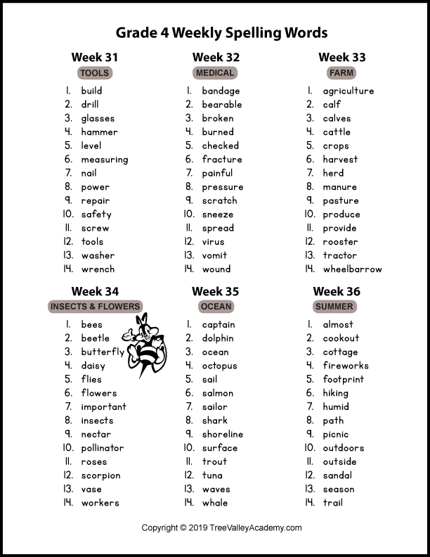 4rd Grade Spelling Words