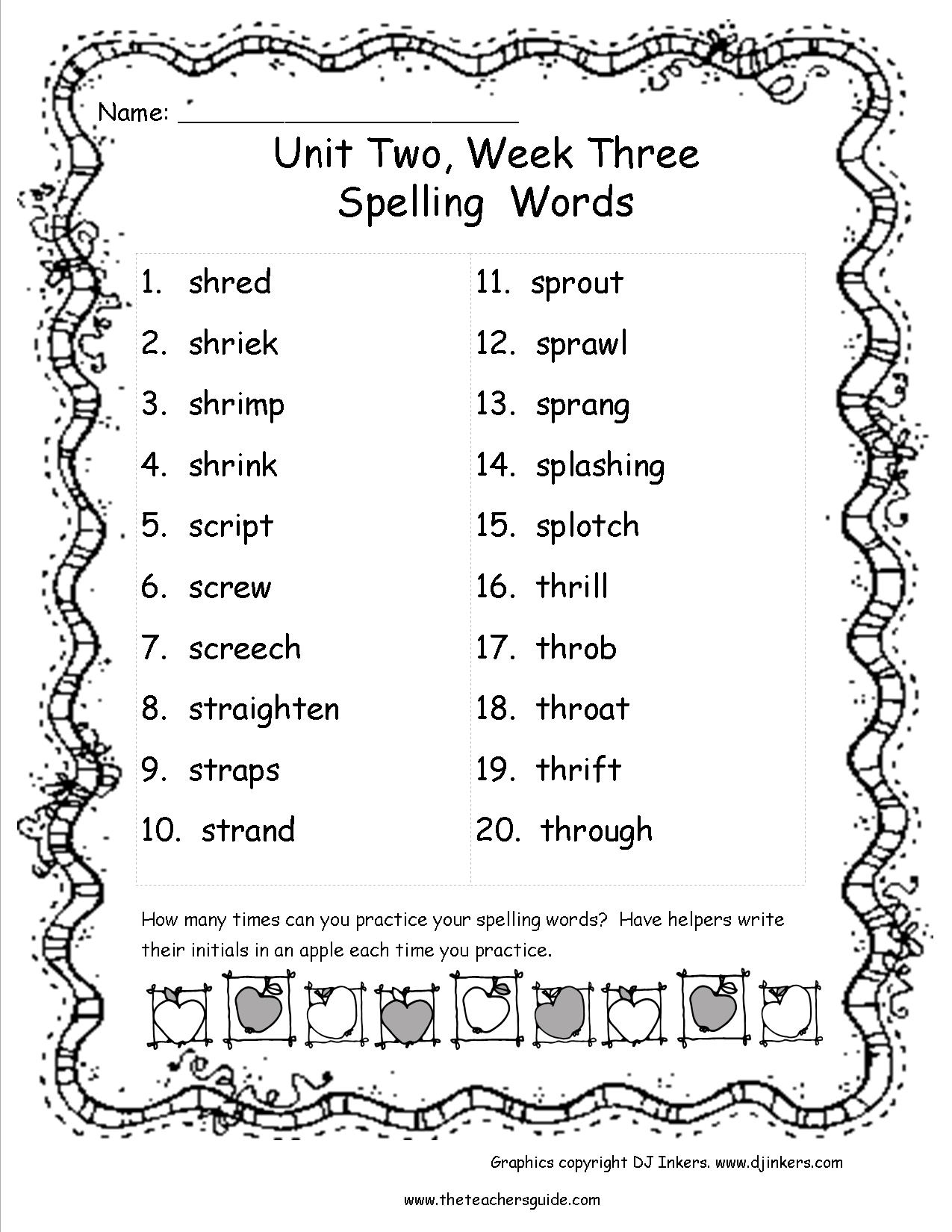 spelling list worksheets