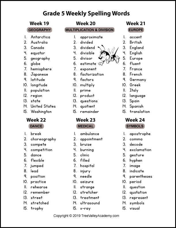 vocab list for 5th grade