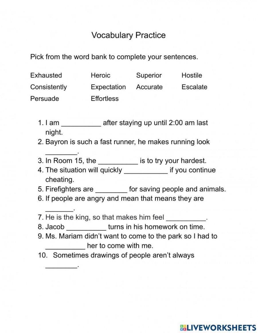 5th Grade Vocabulary Words Worksheet Printable PDF Template