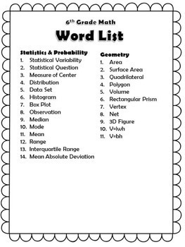 6th Grade Math Words
