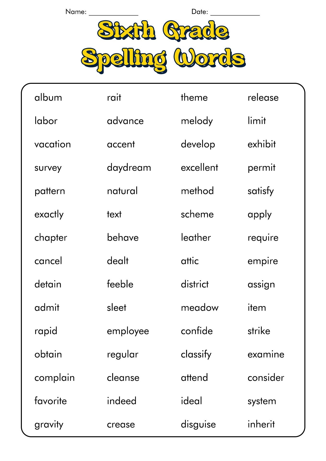 6th Grade Spelling Word Lists Hard Spelling Bee Words 7th Grade 
