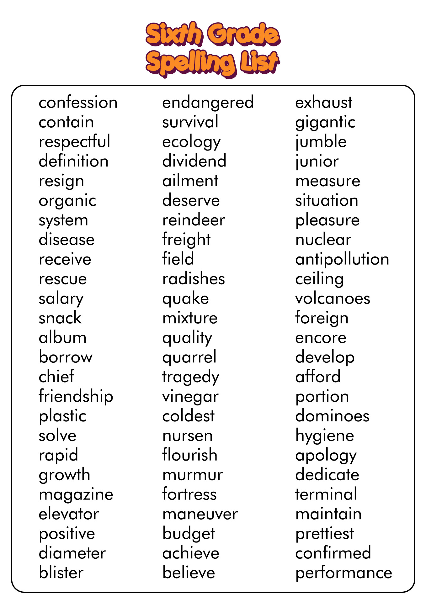 6th Grade Spelling Words