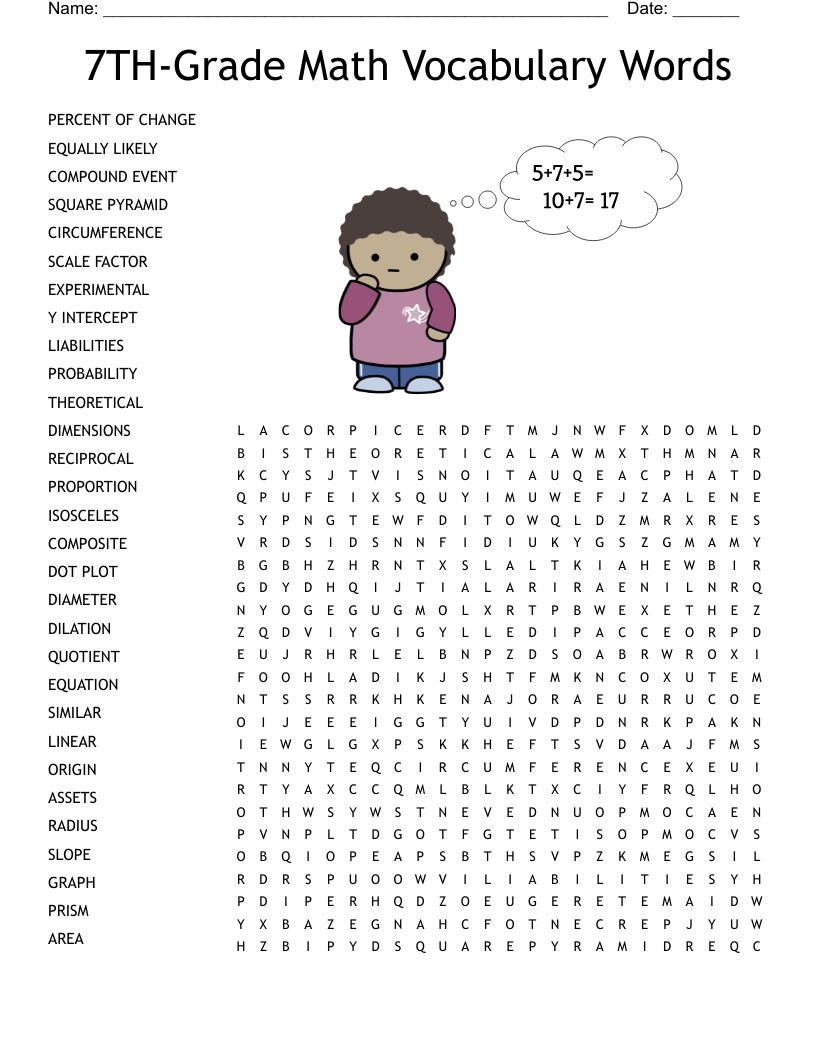 7TH Grade Math Vocabulary Words Word Search Math Word Search Word 
