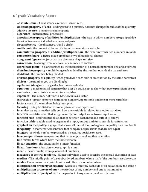 6th grade math vocabulary words