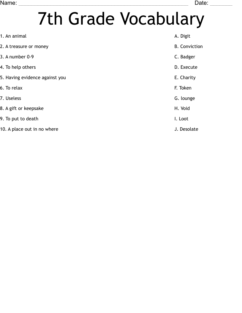 7th Grade Vocabulary Worksheet WordMint
