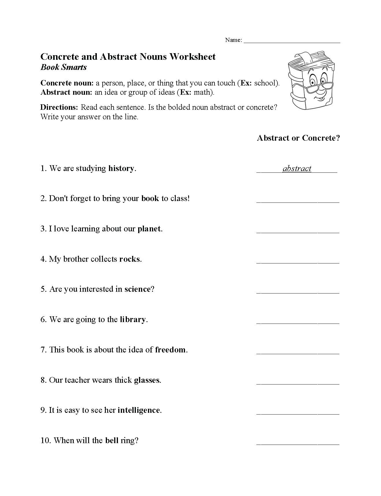 Abstract And Concrete Nouns Worksheet Grade 6 Noun Worksheets