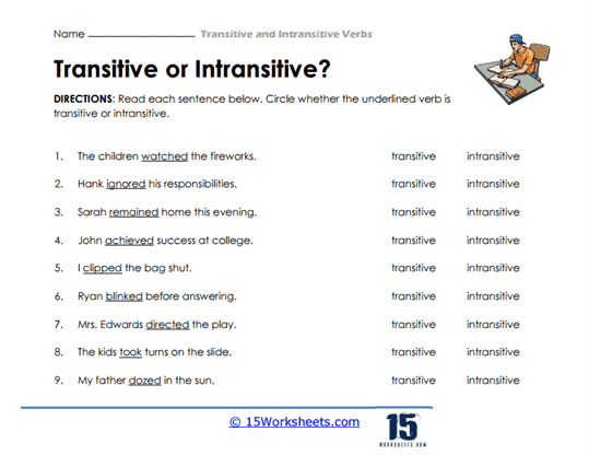 Action Verbs Worksheets Transitive Or Intransitive Action Verbs 