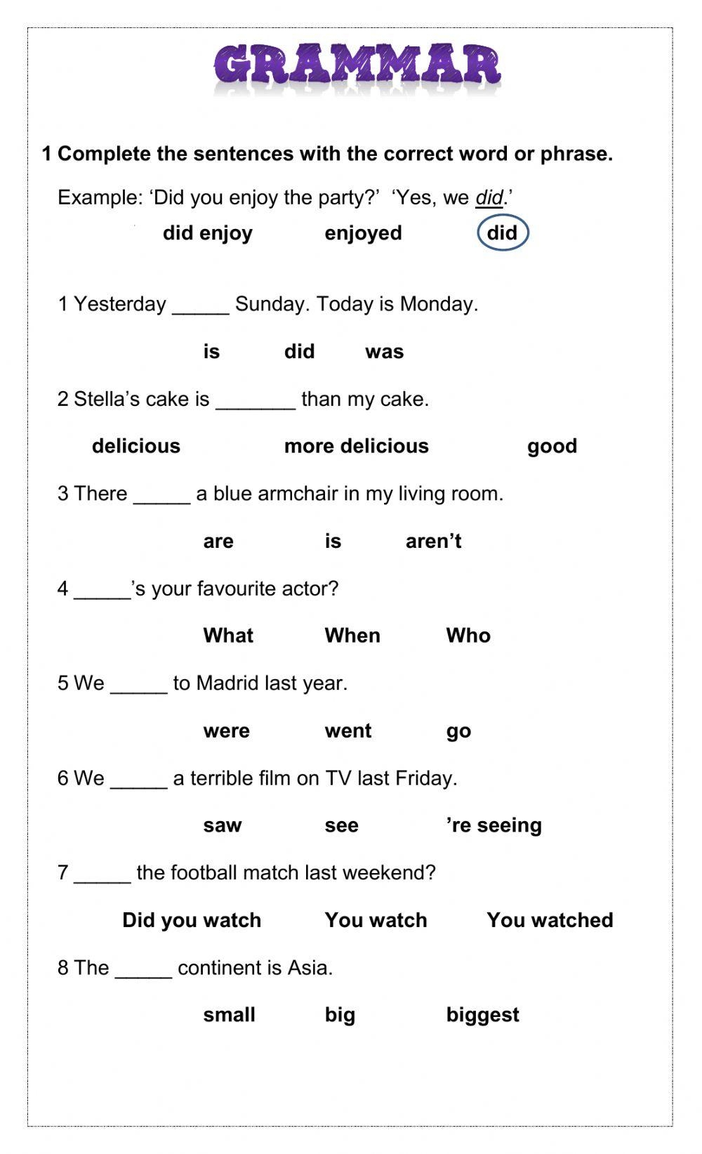 grammar worksheets for adults