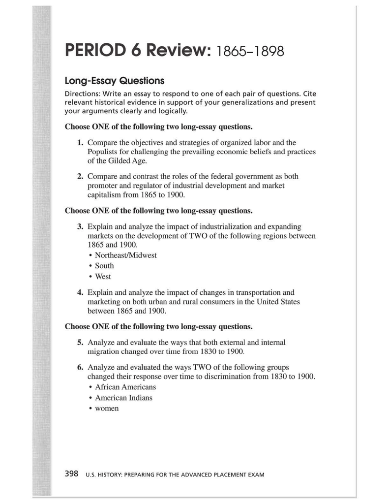 Apush Long Essay Questions And Answers