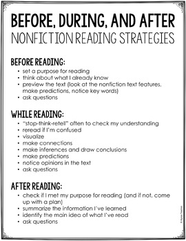 Before During After Nonfiction Reading Strategies Worksheets TpT