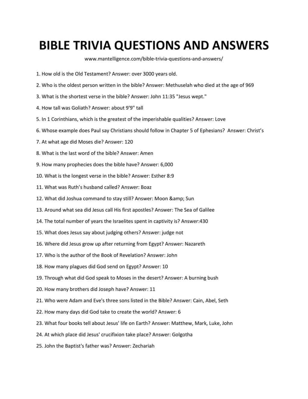 Bible Trivia Questions Multiple Choice Answers Printable Bib