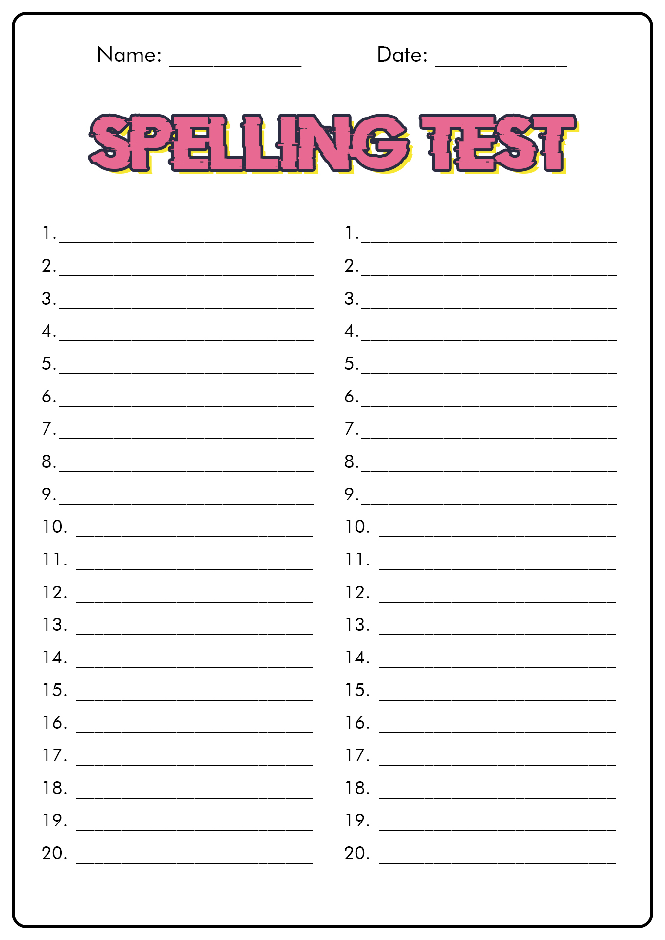 spelling list practice template
