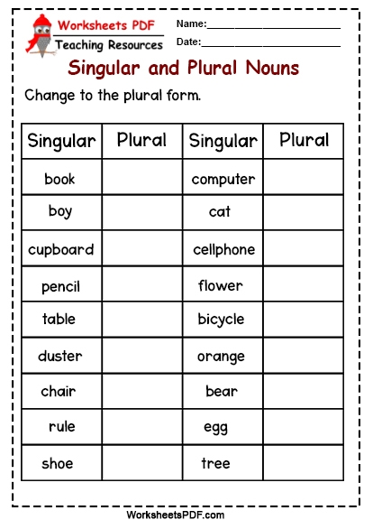 Change To The Plural Form Worksheets PDF