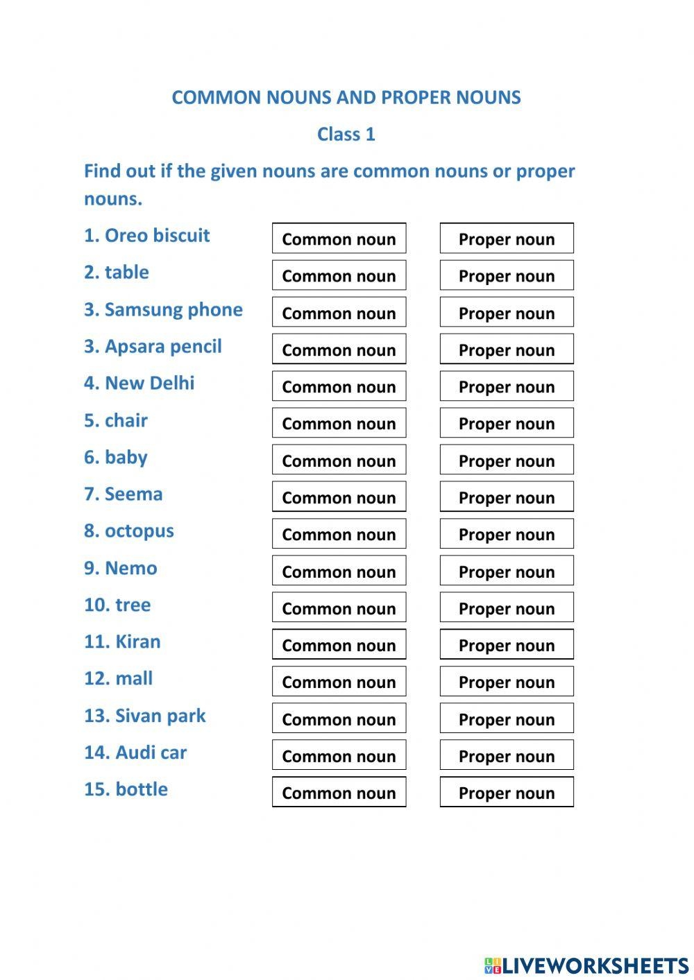Common And Proper Nouns Online Exercise For Grade 1 Live Worksheets 