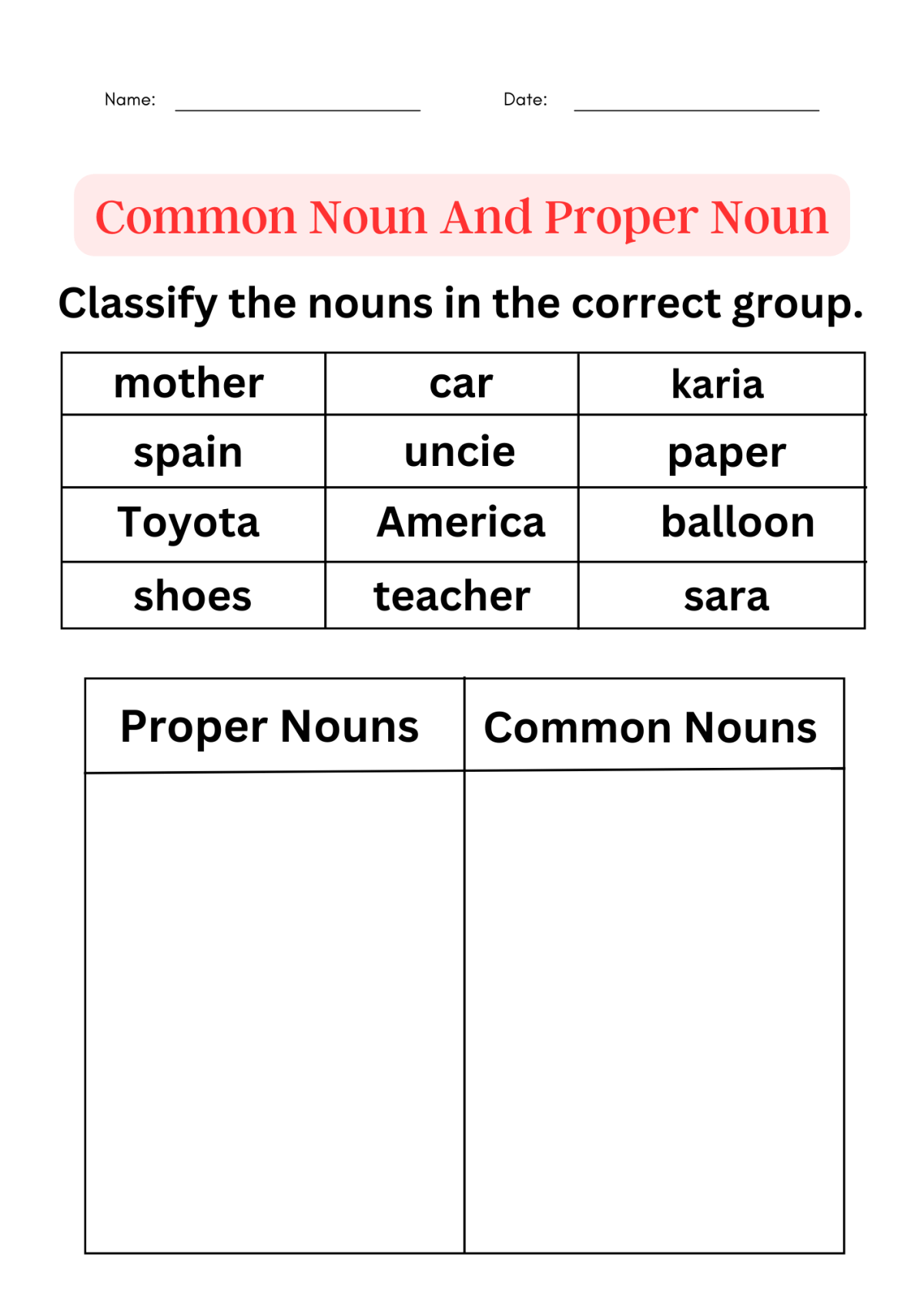 proper nouns and common nouns worksheet