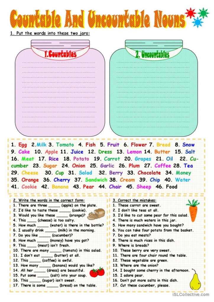 Countable Noun And Uncountable Nouns Exercises Noun Worksheets