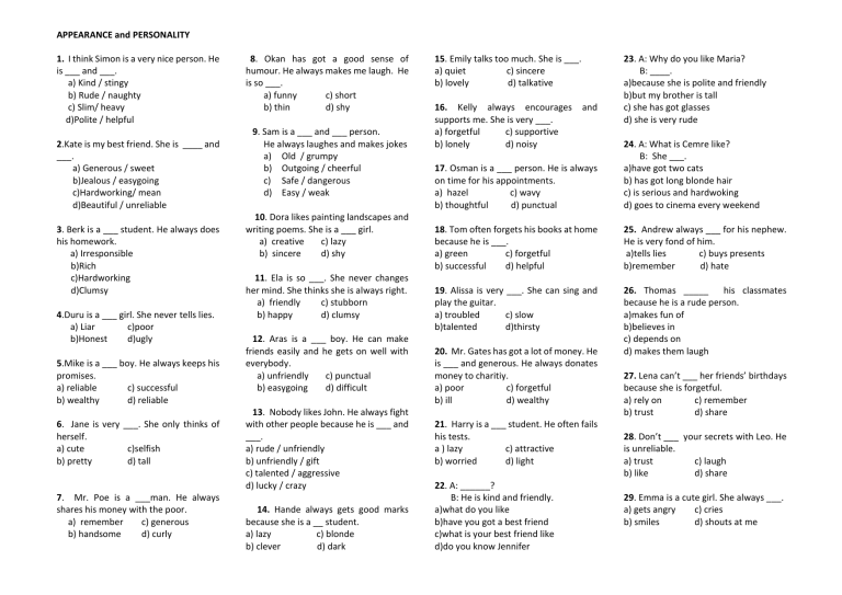 Describing Appearance and personality test