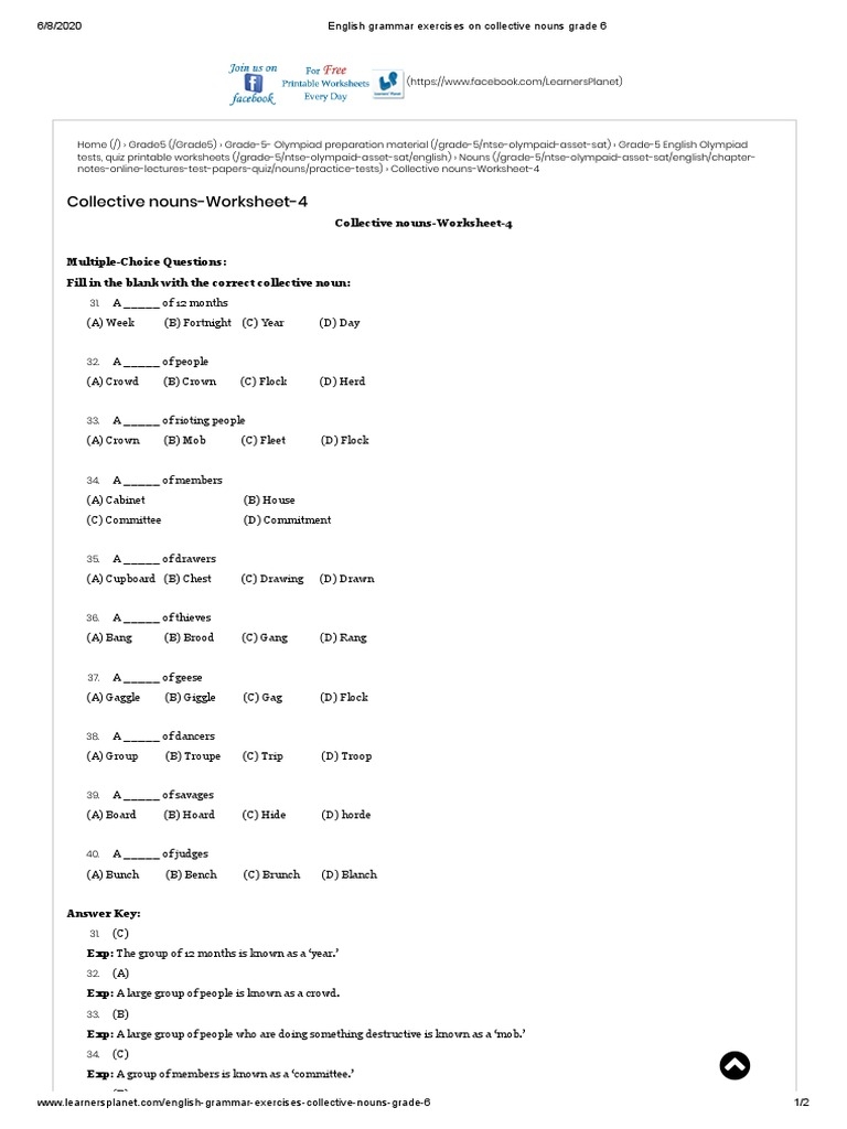English Grammar Exercises On Collective Nouns Grade 6 PDF PDF 