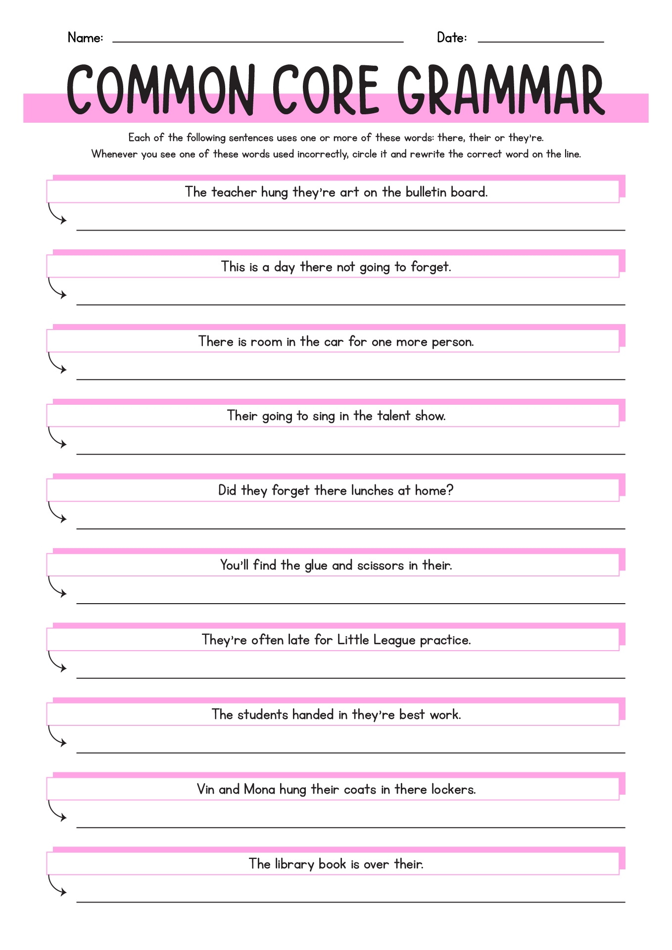 English Grammar Printable Worksheets