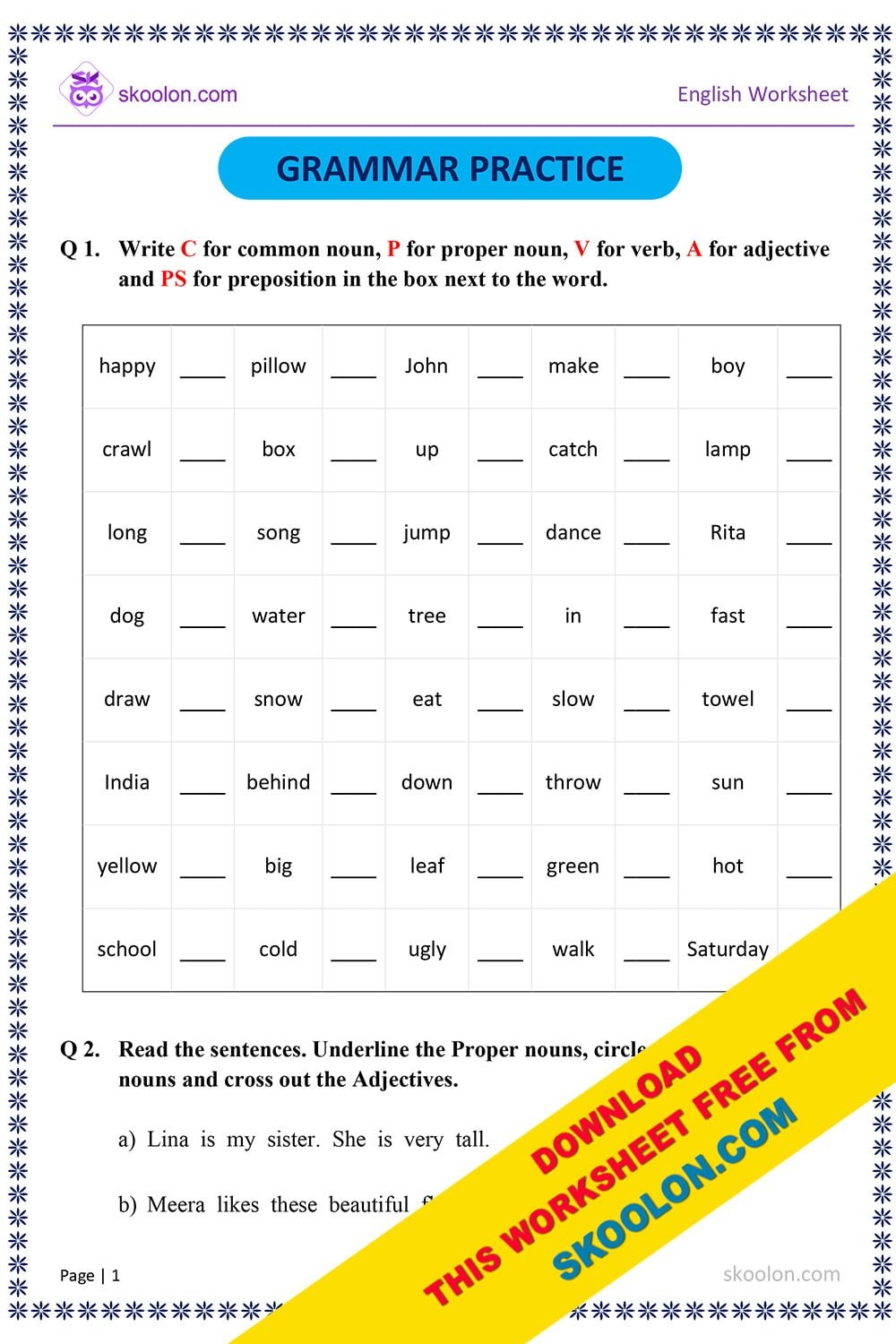 English Grammar Worksheet English Grammar Worksheet For Class 1 Grade 1 