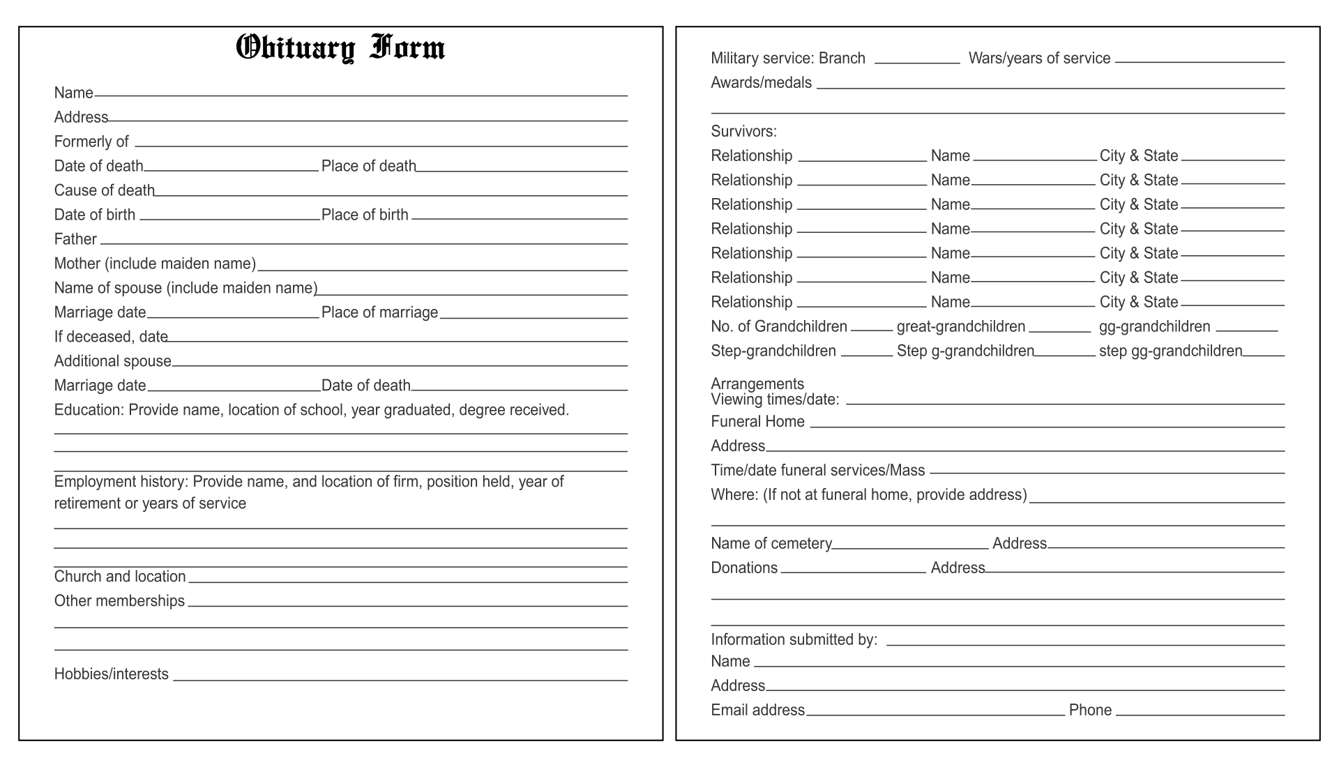 Fillable Obituary Form Printable Forms Free Online