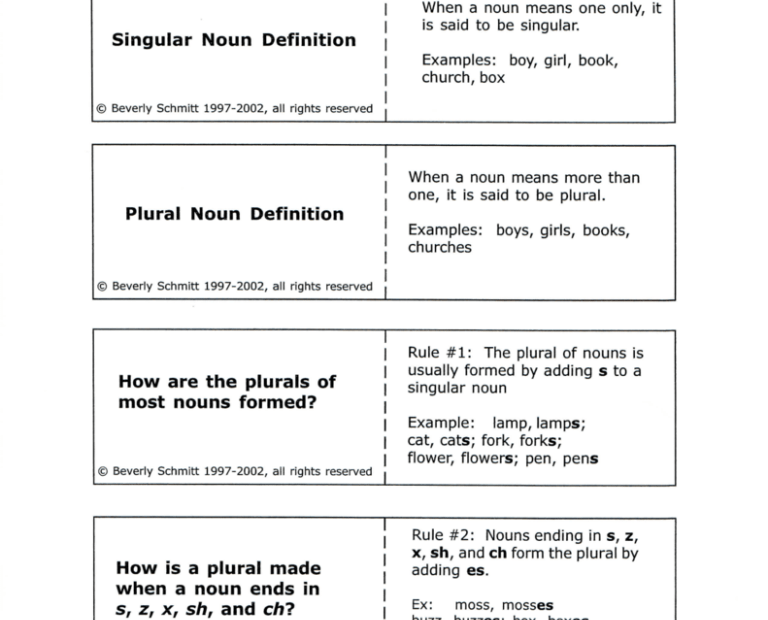 Flashcards Singular Noun Definition Plural Noun Definition How Are