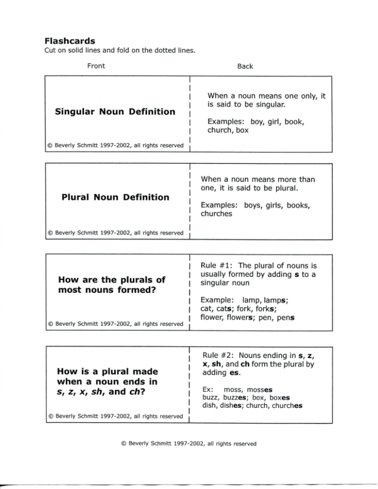 Flashcards Singular Noun Definition Plural Noun Definition How Are