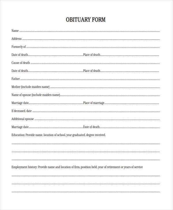blank obituary form template