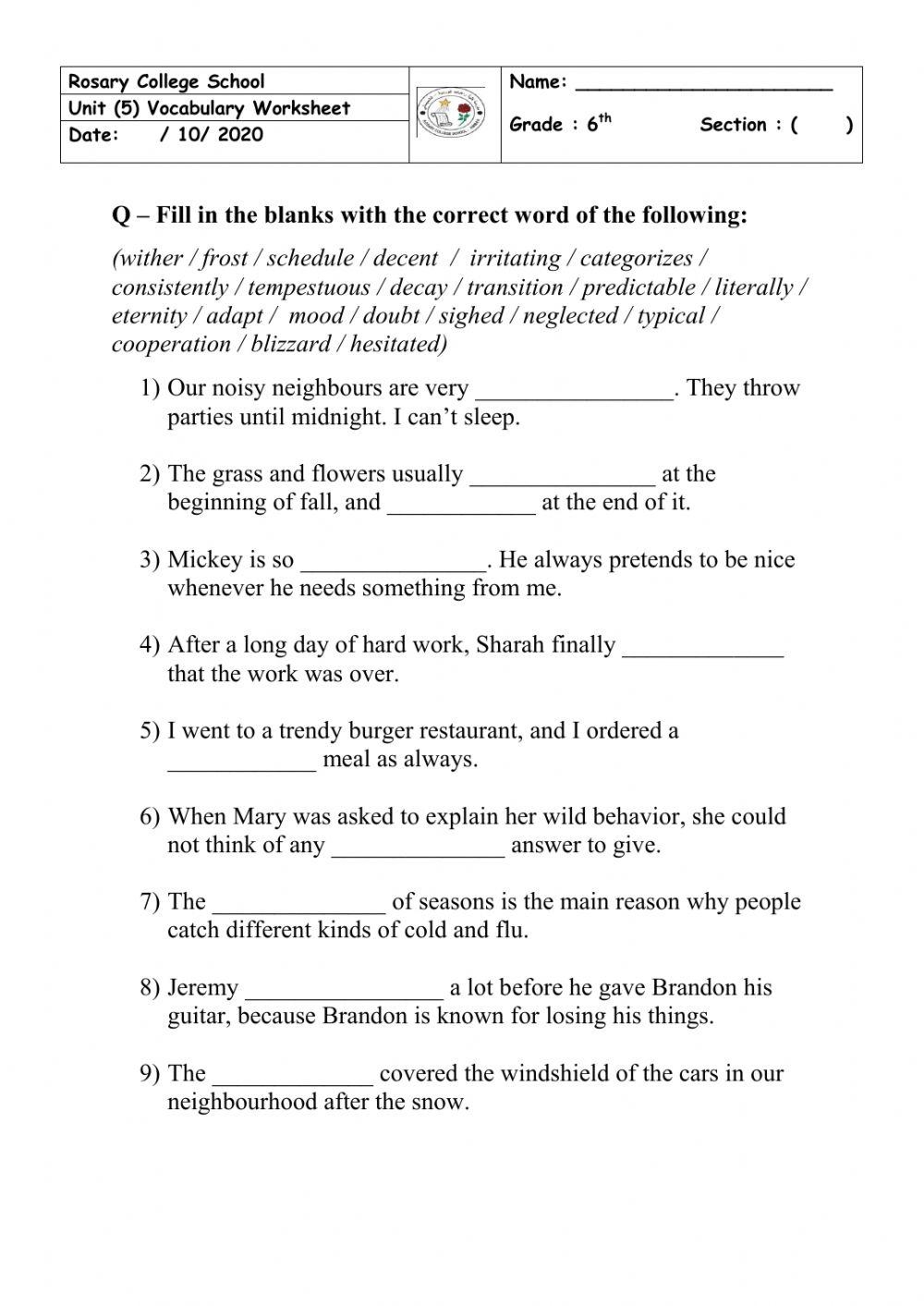 Free 6th Grade Vocabulary Worksheet PDFs Printable Worksheets