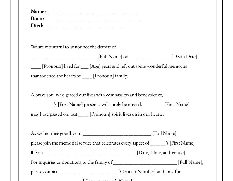 Free Fill In The Blank Obituary Template To Edit Online
