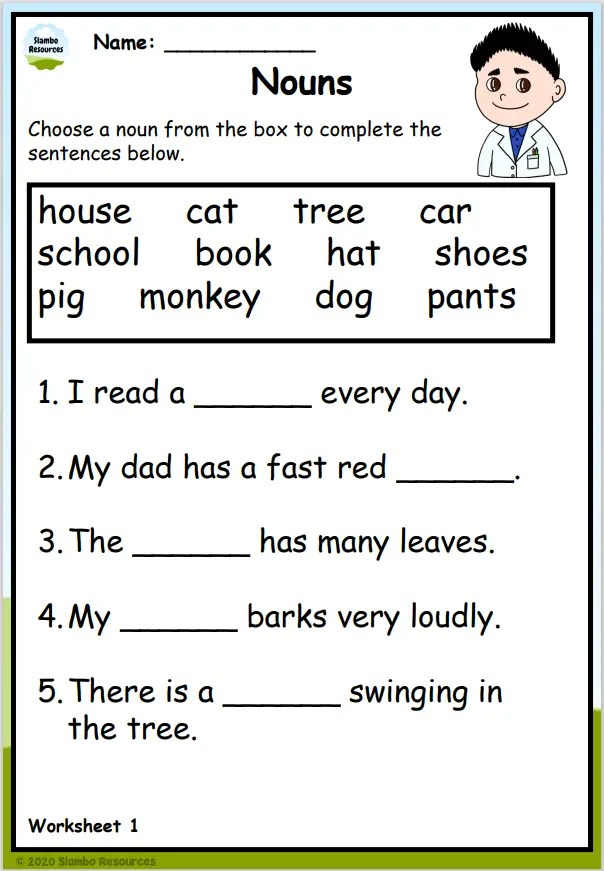 1st grade noun worksheets