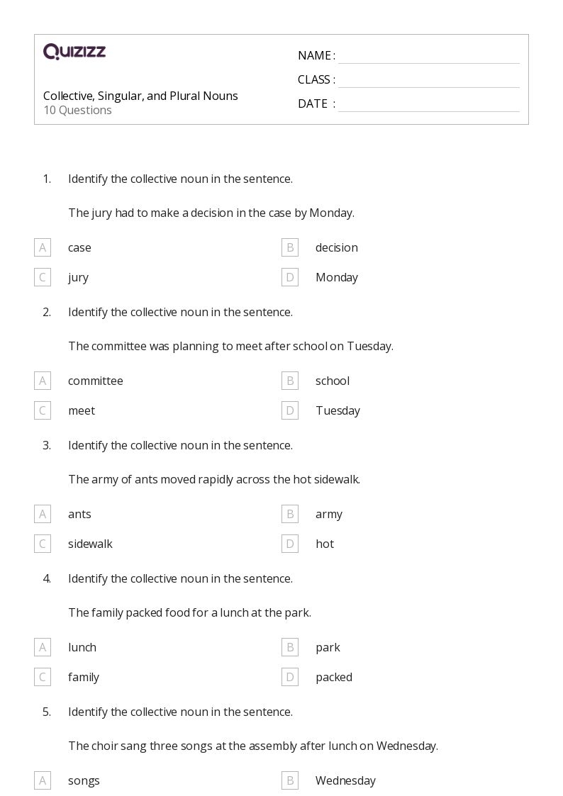 plural nouns worksheet grade 6