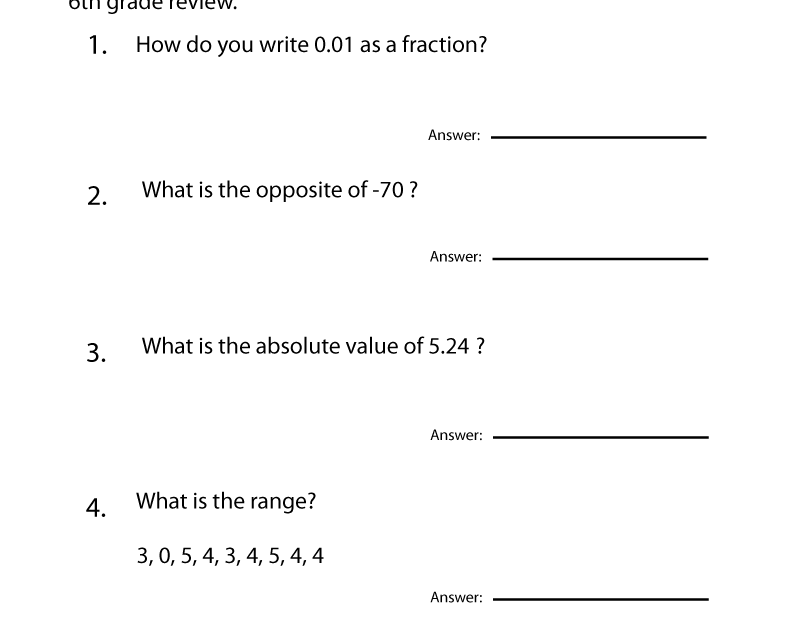 Free Printable 6th Grade Math Review Worksheet