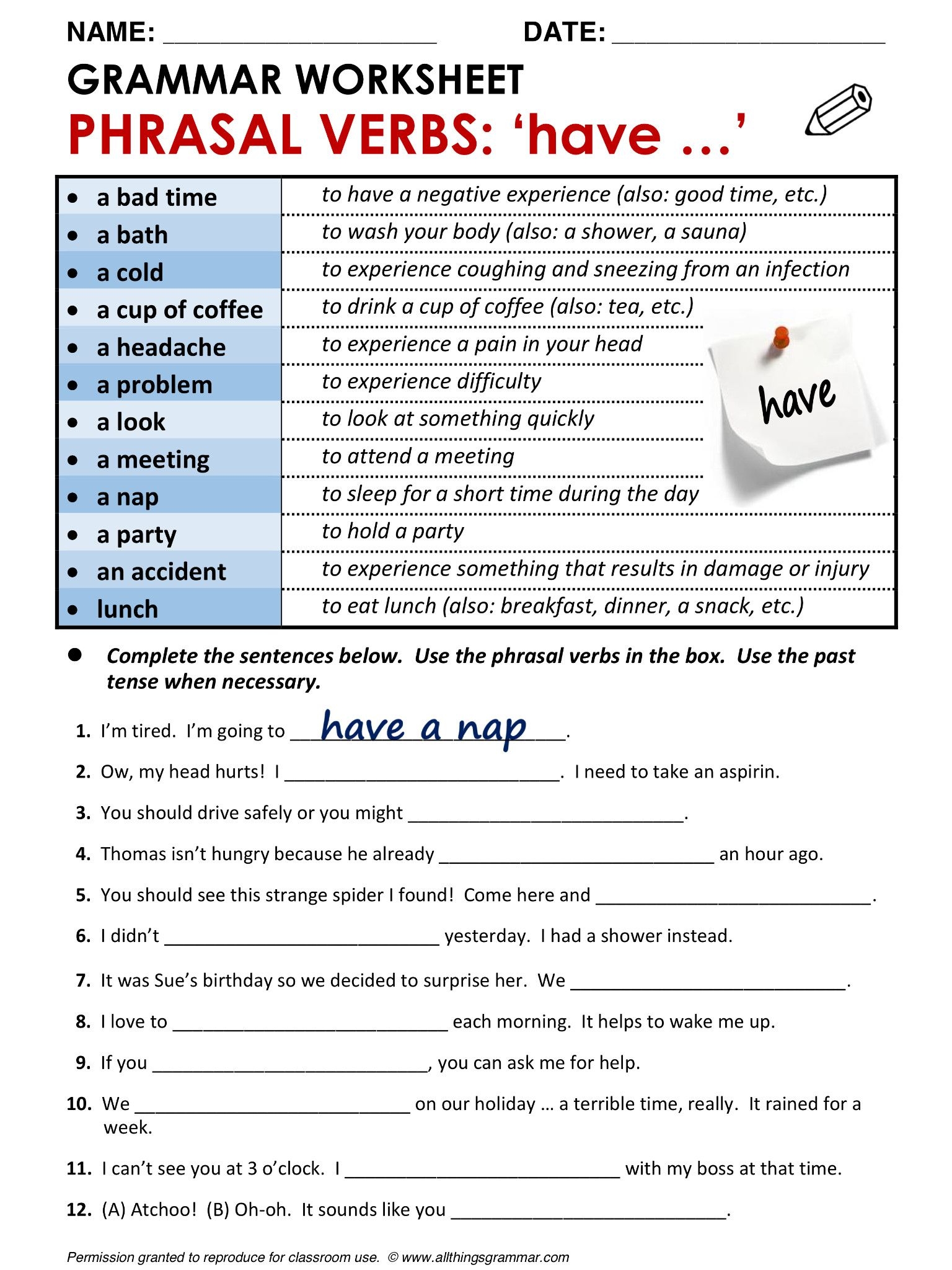 free printable grammar sheets