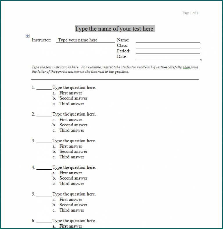  Free Printable Multiple Choice Quiz Template